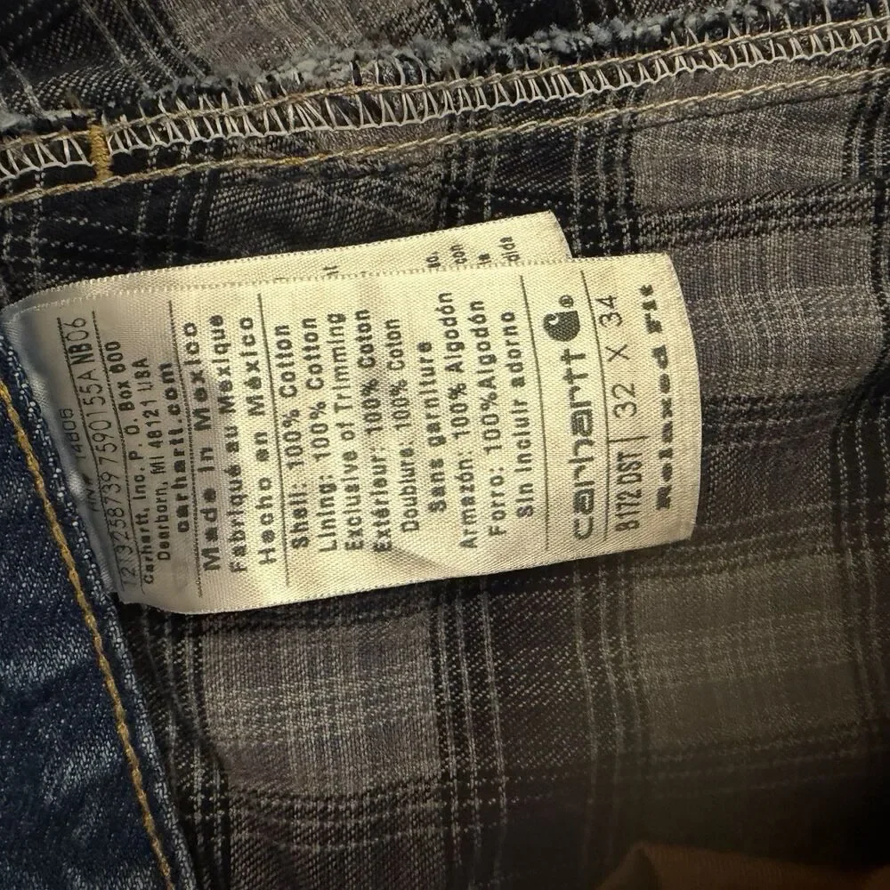 Carhartt Flannel Lined Jeans Mens 34x32 Blue Relaxed Fit Work Denim B172 DST EUC